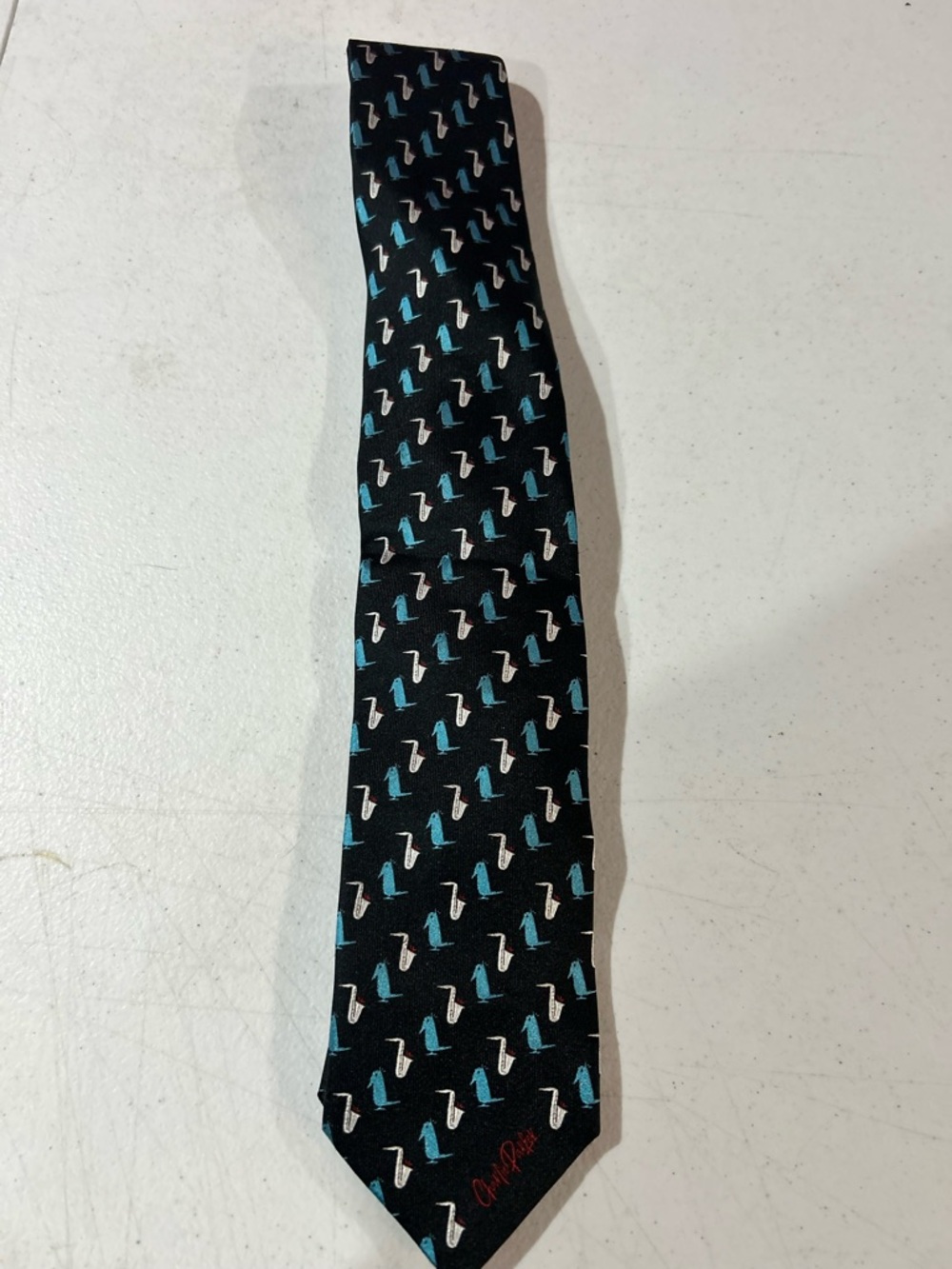 Black Patterned Silk Tie with Blue and White Accents